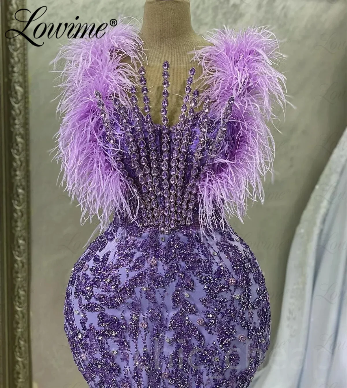 Vestido de noche púrpura con plumas de cristales, traje de sirena para fiesta, boda, graduación, celebridad, túnicas árabes de Dubái, novedad de 2023