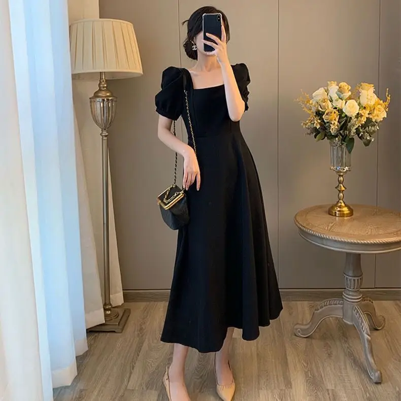 

plus Size Hepburn Style Little Black Dress Women Summer Plump MM Retro Square Collar Bubble Sleeve Dress Slimming Long Dress