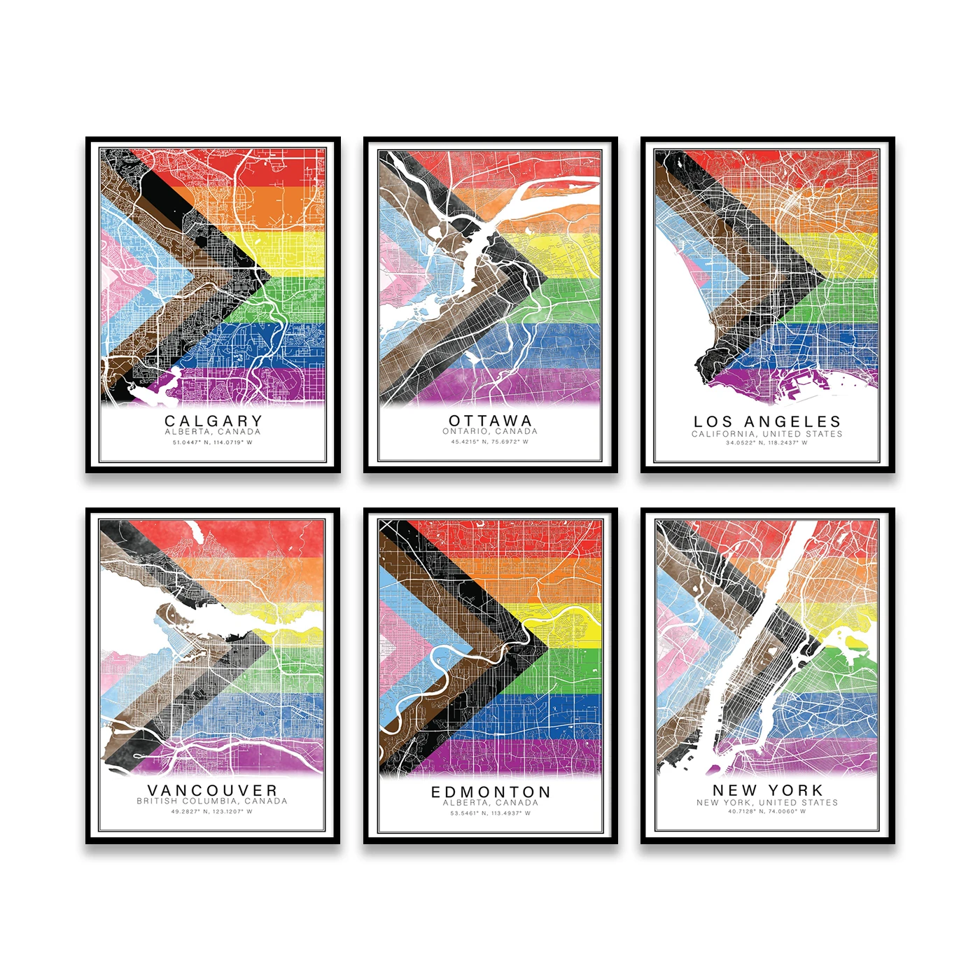 نيويورك إدمونتون فانكوفر أوتاوا لوس أنجلوس كالغاري مونتريال. خريطة ألوان المدينة. ملصق فني لتزيين جدران المنزل