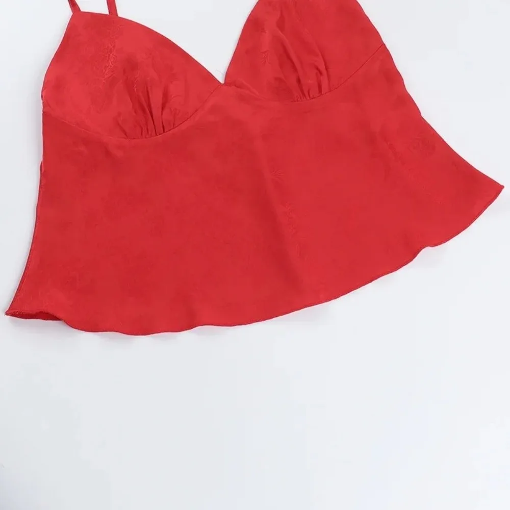 

Sexy Deep V Neck Women Satin Camisole Loose Fit Sleeveless Crop Top Printed Pattern Breathable Tank Top Summer Wear