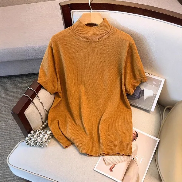 

Slim Fit High Collar Short Sleeve T-shirt Women's 2025 Fall and Spring New Unique Beautiful Design Base Irt Y2k Top Streetwear