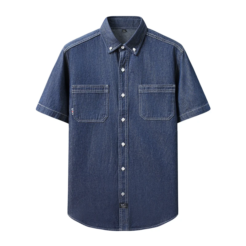 

Мужская повседневная джинсовая рубашка с коротким рукавом в винтажном стиле, легкие, удобные, эластичные, облегающие летние топы, джинсовые рубашки M-XXXXL