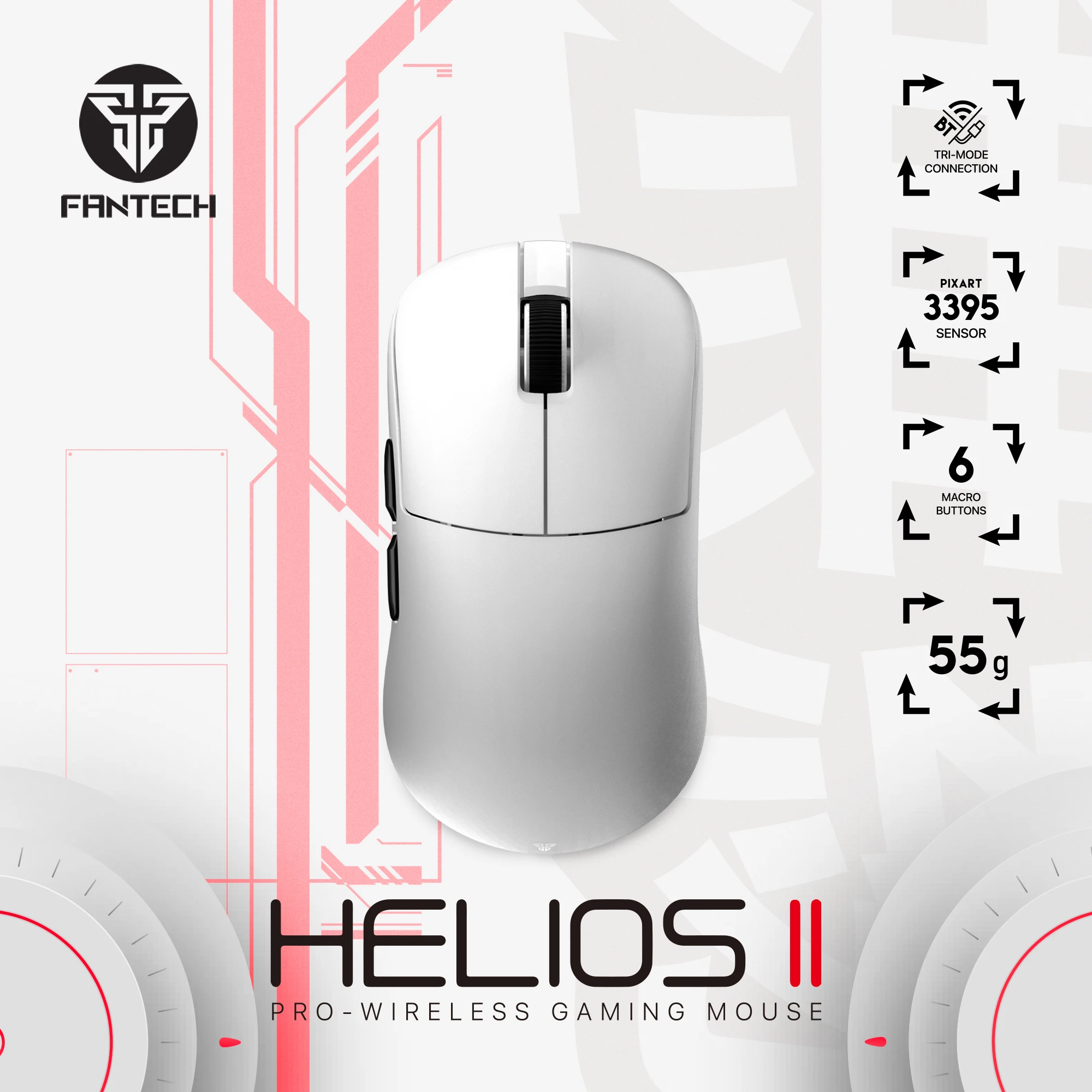 Игровая мышь FANTECH HELIOS II XD3v3, 2,4 ГГц, беспроводная оптическая, 26000 точек на дюйм, 55 г, золотой переключатель