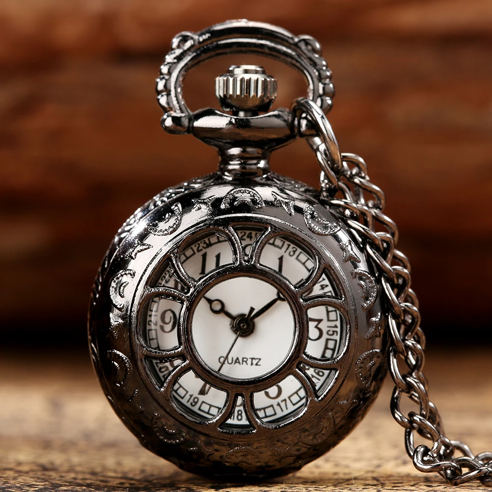 Retro Black Hollow Quartz Necklace Pocket Watch Kids Men Women Vintage Gift Quartz Analog Arabic Numerals Pocket Timepiece