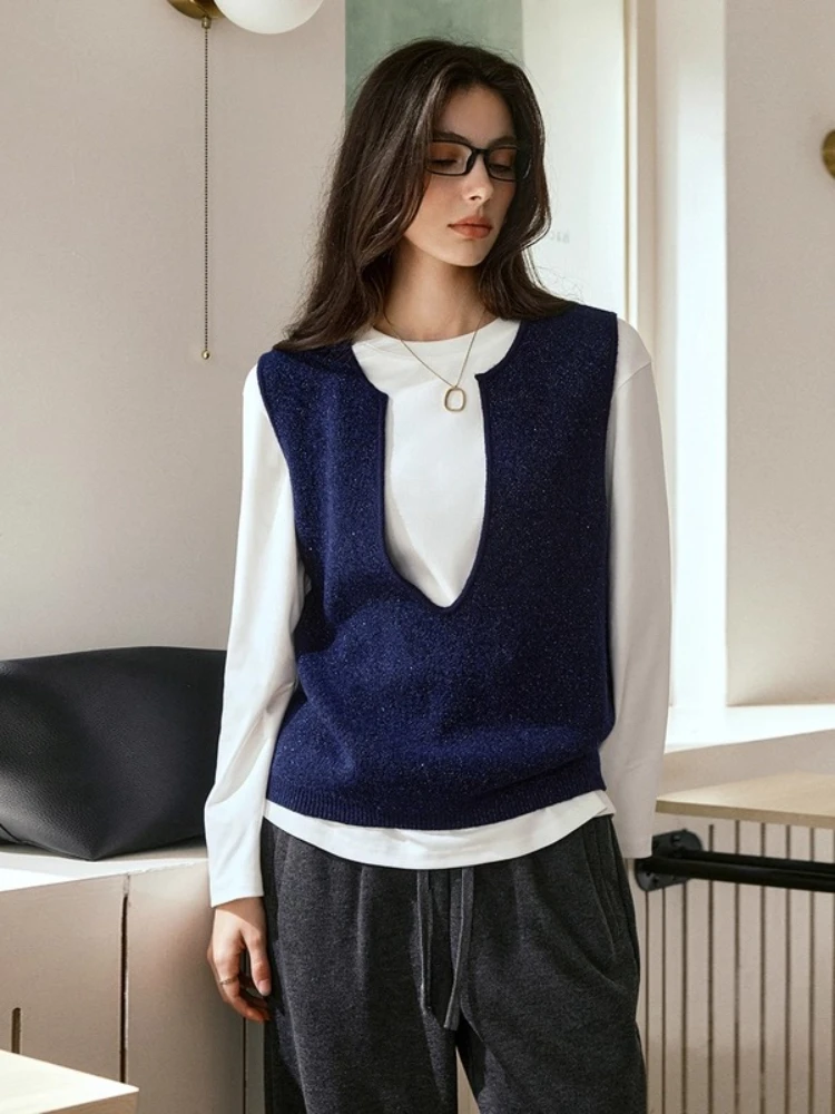 

OLrain French Vest Woman Casual Deep V-Neck Knitted Sweater Vest 2025 Autumn New Arrival Sequins Blended Yarn Tops N57QJ96066