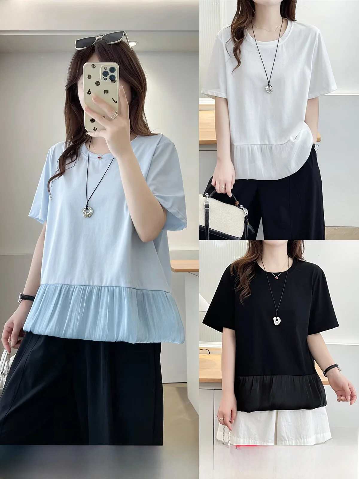 Summer New plus Size Women's T-irt Casual round Ne ort Sve Belly Covering Flower Bud Print Loose Fit Cotton Top