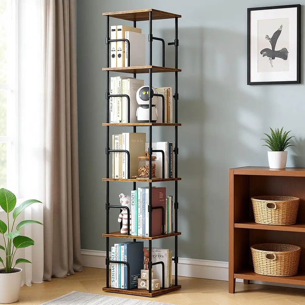 

5-Tier Rotating Bookshelf, Freestanding, 360° Spinning, Industrial Style Storage Rack for Living Room, Bedroom, Study