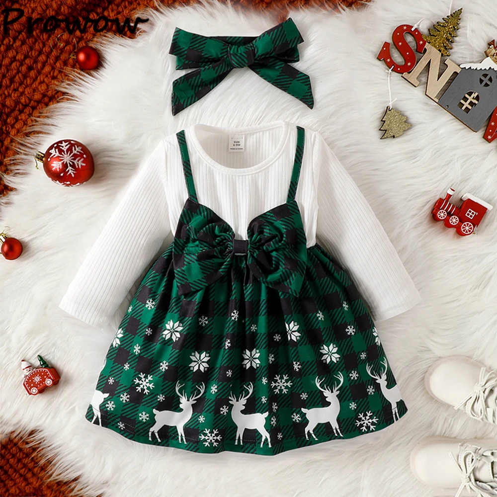 Baby Christmas Dresses For Girls Big Bow Plaid Deer Dress New Year Costume Baby Kids My First Christmas Clothes