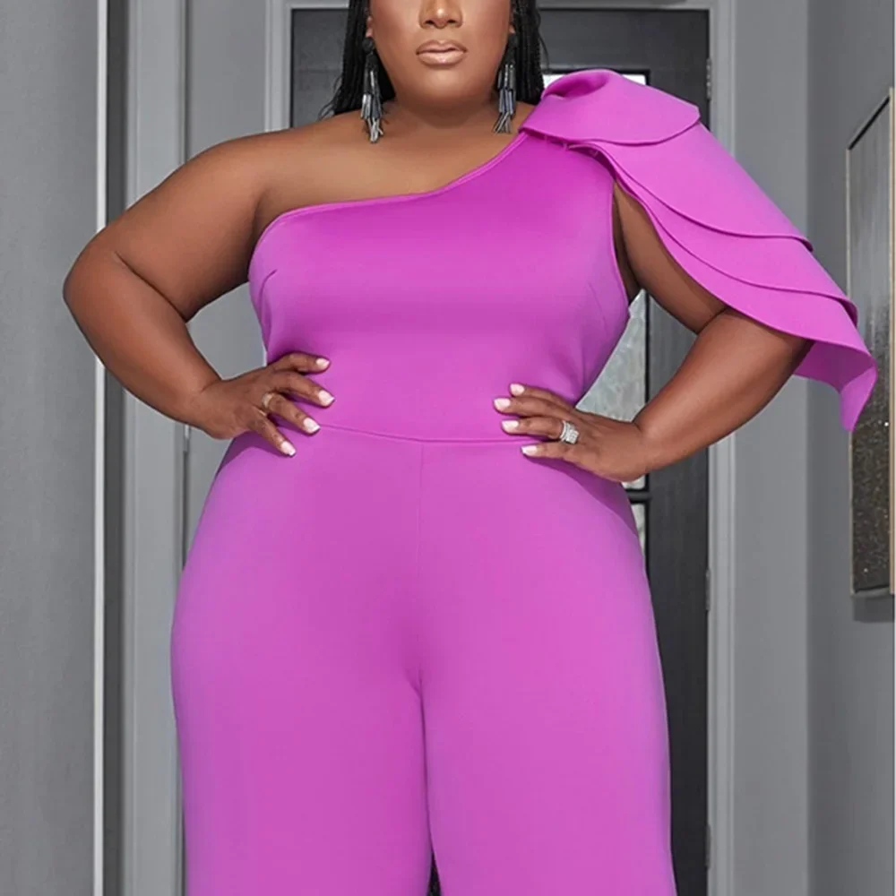 Plus Size Business Casual Jumpsuits Purple Festival One-Shoulder Layers One-Piece Female Satin Clothing