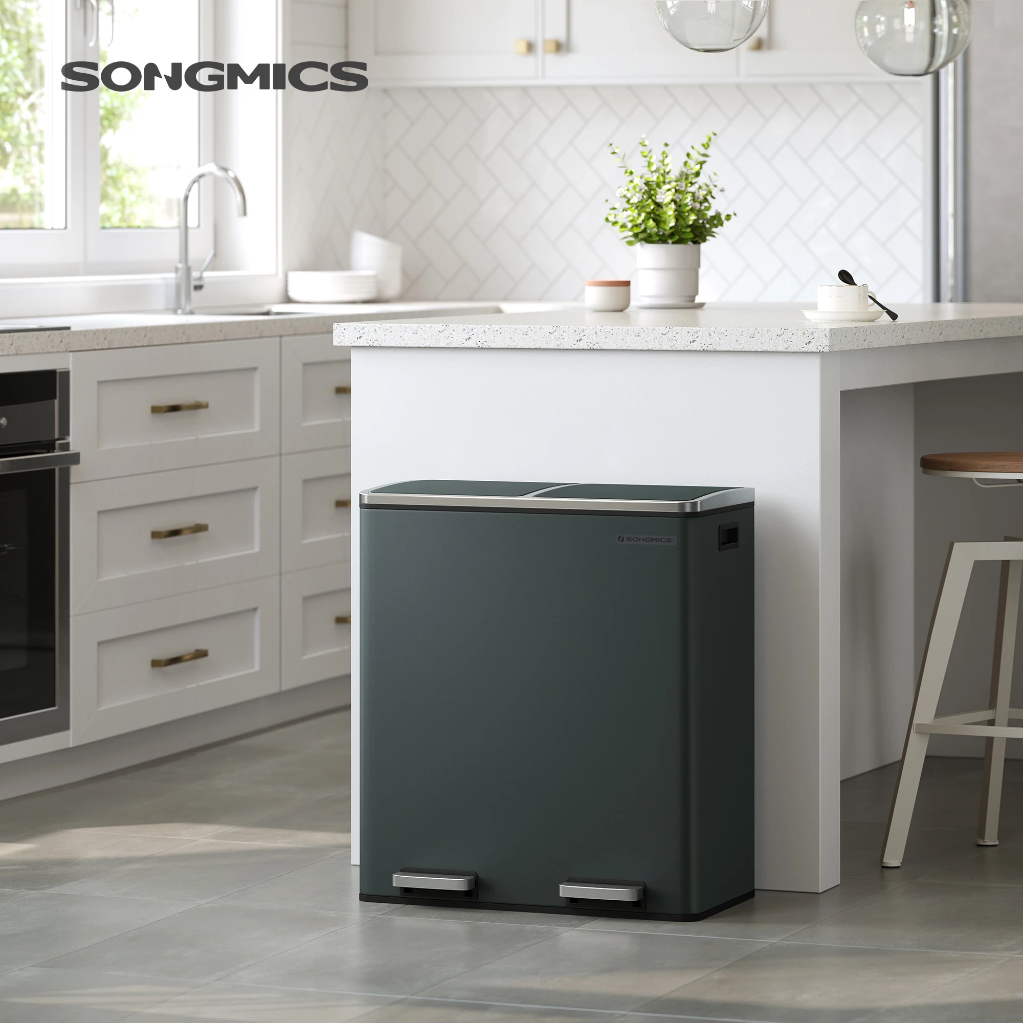 Songmics Prullenbak, 2X30 Liter, 2 Handventilator, Afvalscheidingssysteem, Pedaalemmer, Vuilnisbak Keuken, 15 Vuilniszakken, Metaal