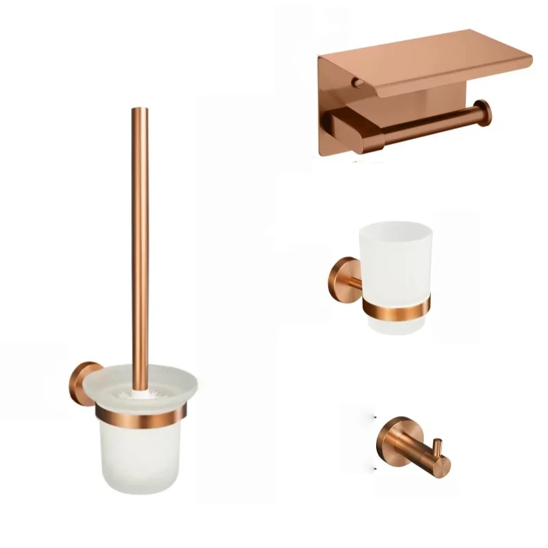 

Brushed Rose Gold Stainless Steel Wall-Mounted Bathroom Accessories Set -Towel Stick Toilet Paper Holder Robe Hook And Soap Dish