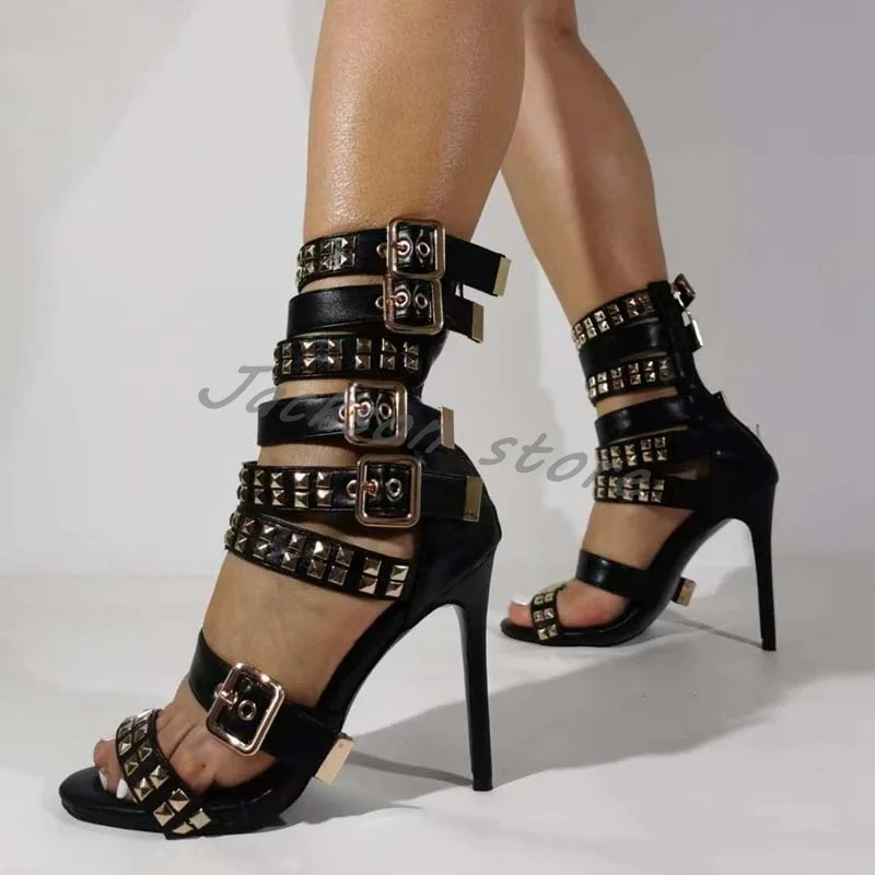 

Sexy Hot Chick Snake Print Rivets Fashion Ladies Shoes Back Zipper Belt Buckle Stiletto Sandals Large Size Trendy Women Pumps