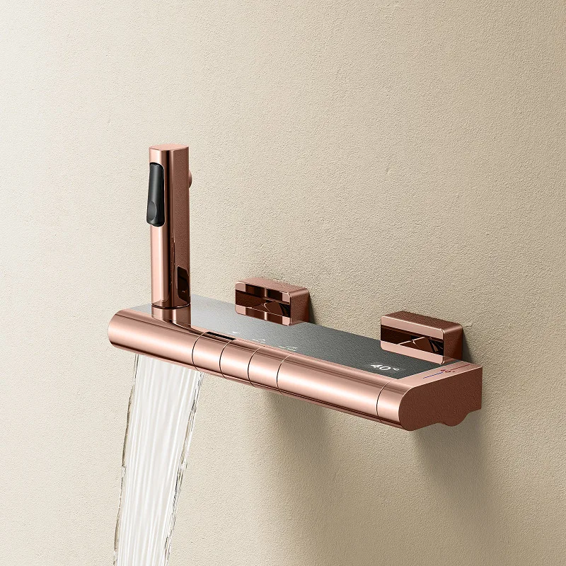 Rose Gold Bath Shower Mixer Faucets Brass Bathtub Waterfall Taps Thermostatic Control Hot & Cold Piano Press Key With Handheld