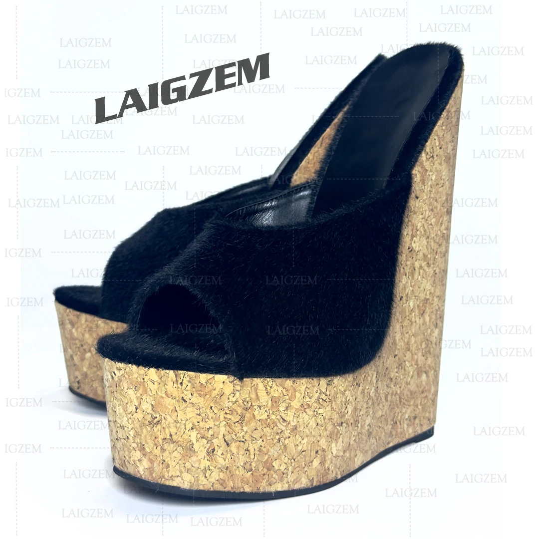 ZHIMA Women Pumps 5CM Platform 20CM Faux HorsehaIir Steep High Heels WedgesMules Handmade Shoes Woman Large Size 38 41 44 48
