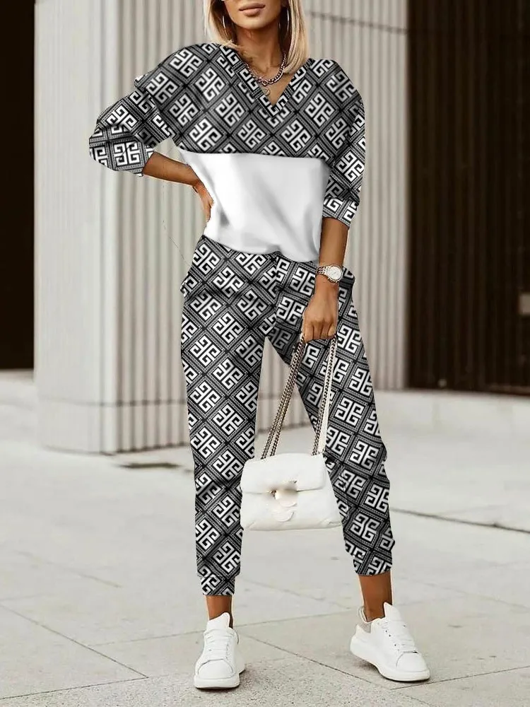 Two Piece Set For Women Print Long Pant Sets 2 Piece Sets Women Outfit Spring Autumn Long Sleeve Fashion Elegant Office Sets