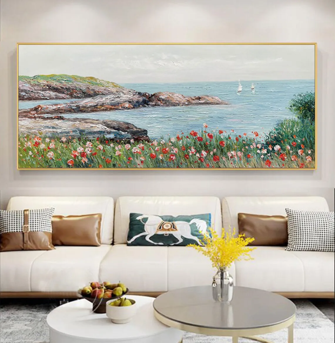 

Thick Texture Seascape Oil Painting of Bay Beach for Artistic Wall Decor in Living Room Bedroom Large Handmade Painting Wall Art