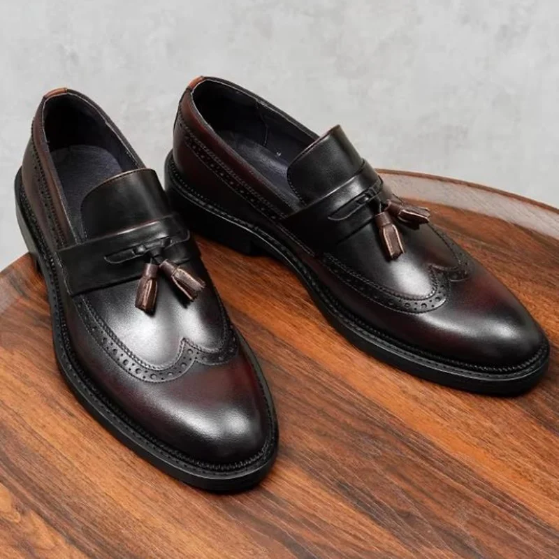 

New Style Retro Man Tassel Loafer Fashion Slip-on Business Leather Casual Shoes For Men Genuine Leather Dress Shoes