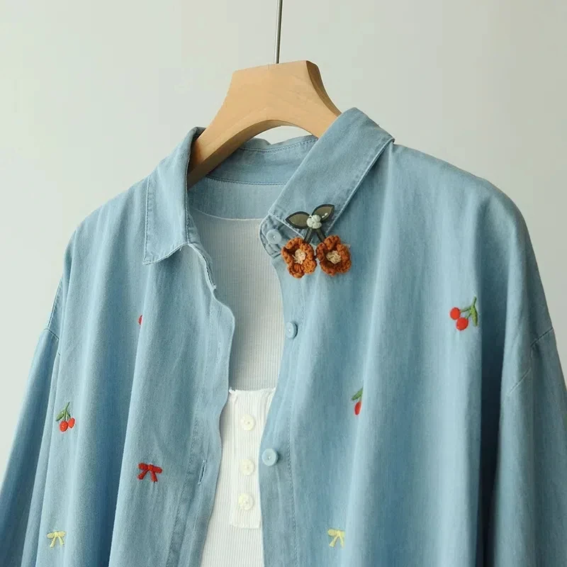 Mori kei fashion Japanese style cherry embroider denim shirts and blouses women autumn cotton jean shirt cute cothes