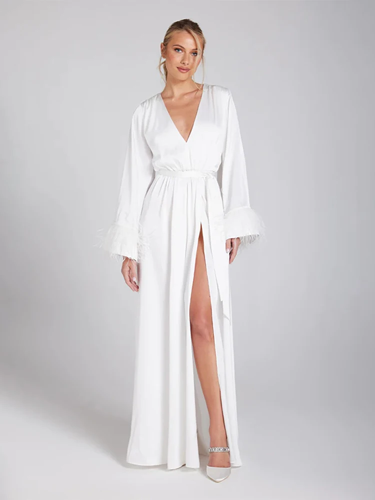 

Elegant Solid Feather Long Sleeve Dress Women Deep V-neck Pleated Split Dresses With Belt Summer Female White Homewear Dress