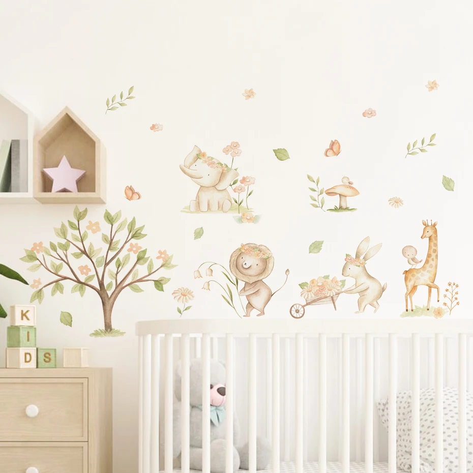 

Boho Cartoon Woodland Animals Tree Leaves Wall Sticker Watercolor Vinyl Children Nursery Art Decals for Kids Room Home Decor