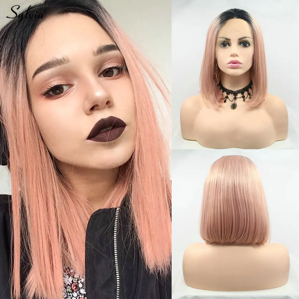 

Sylvia Synthetic Lace Front Wigs for Women with Dark Roots Ombre Rose Gold Pink Wig Heat Resistant Fiber Short Straight Hair Wig