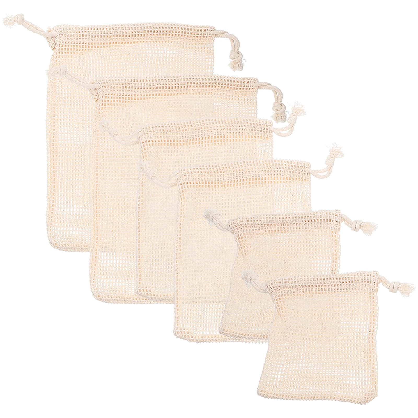 6pcs Cotton Mesh Bags for Fruit Vegetable Storage Reusable Drawstring Pouches Washable Bag Set Various Sizes Grocery