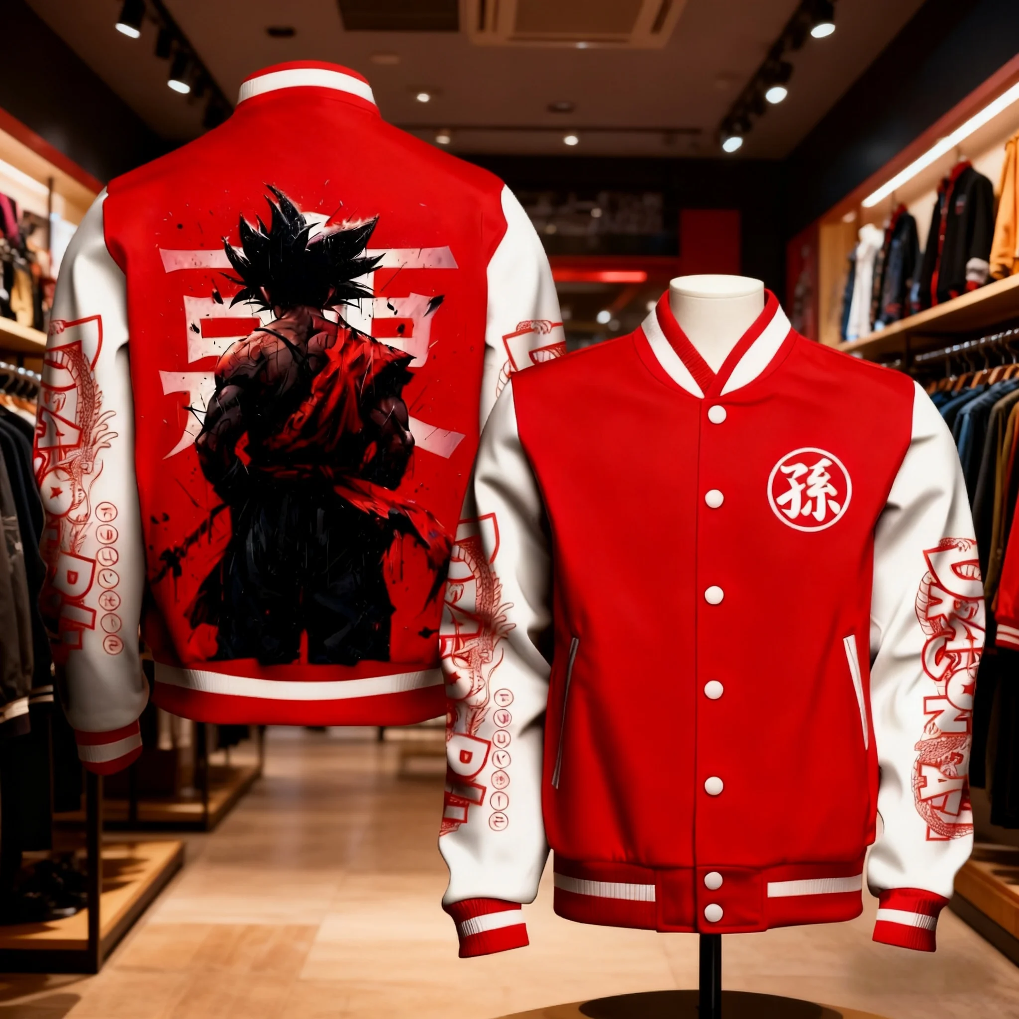 Chaqueta de béisbol unisex con estampado de espalda Super Saiyan 4 Goku, detalles de piel roja y negra, mangas Kanji de Dragon Ball y pecho Circular Wu