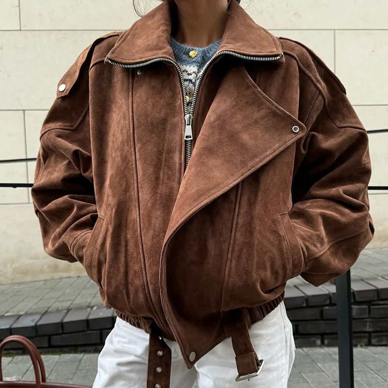 2025年春秋 レディース クロップド オーバーサイズ ジャケット レトロ マルレッド ブラウン カジュアル ルーズフィット コート ヴィンテージ ユーティリティスタイル