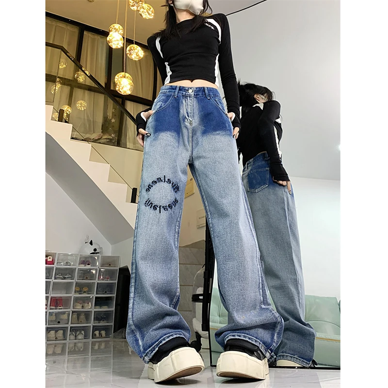 Fashion Niche Gradient Jeans Women Vintage Letter High Waist Loose Straight Wide Leg Denim Pants Female Casual Versatile Trouser