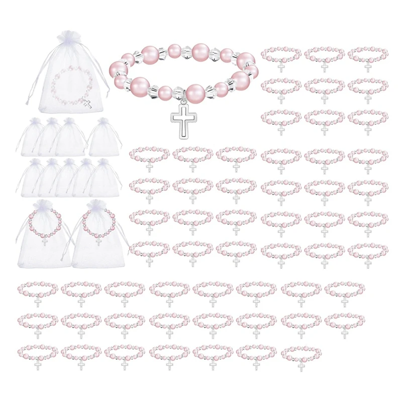 

60 Pcs Baptism Favors For Girls Include 30 Pink Pearl Bracelets With Crucifix 30 Organza Bags Stretch Rosary Bracelets