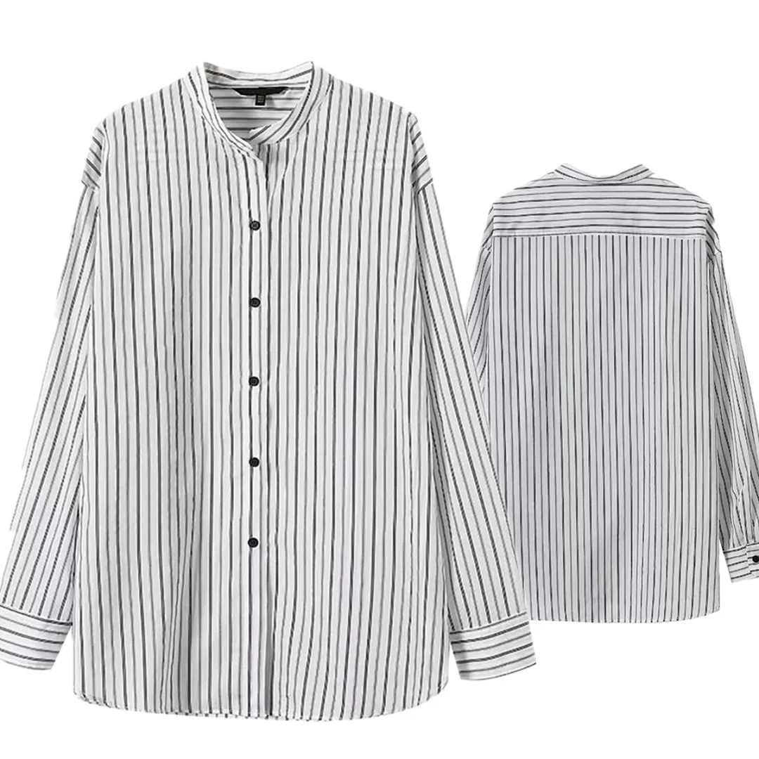 

Maxdutti Japanese Minimalist Stand Collar Striped Shirt Fashion Elegant Loose Women's Blouses And Shirt Women's Shirt Woman clot
