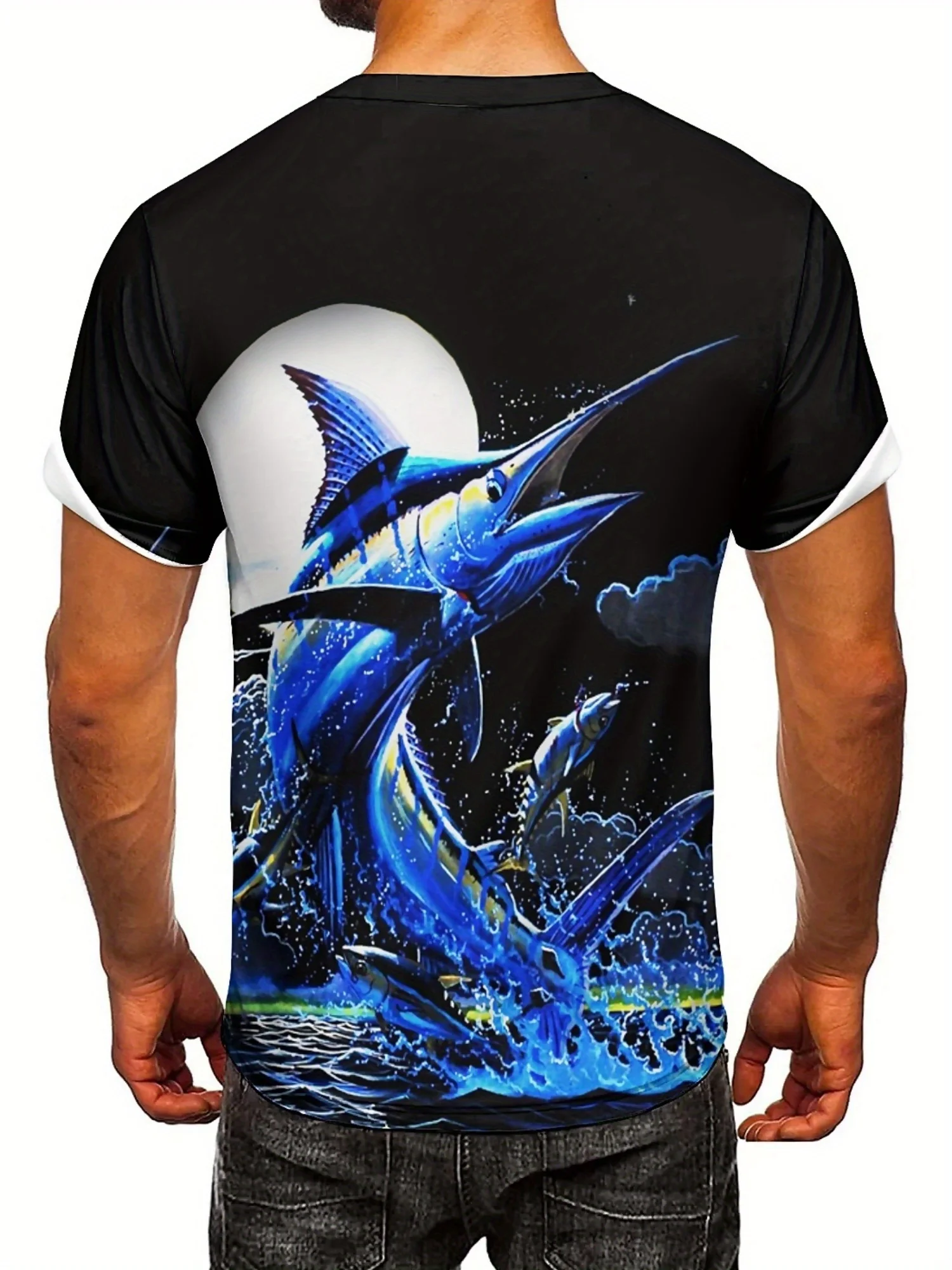 Men'S 3D Print Short Sleeve T-Shirt - Vibrant Blue Marlin Art, Loose Fit, Breathable & Comfortable Fabric