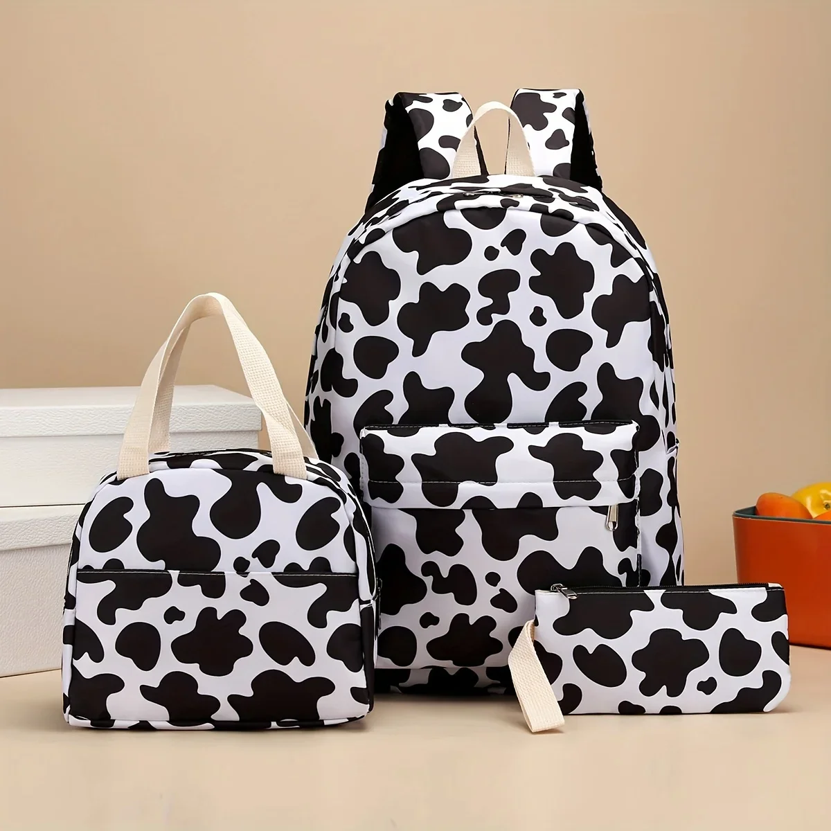 

3Pcs Trendy Cow Print Backpack Set, Waterproof Nylon Large Capacity Book Bag & Handbag & Pen Case, Perfect School Bag Set For St