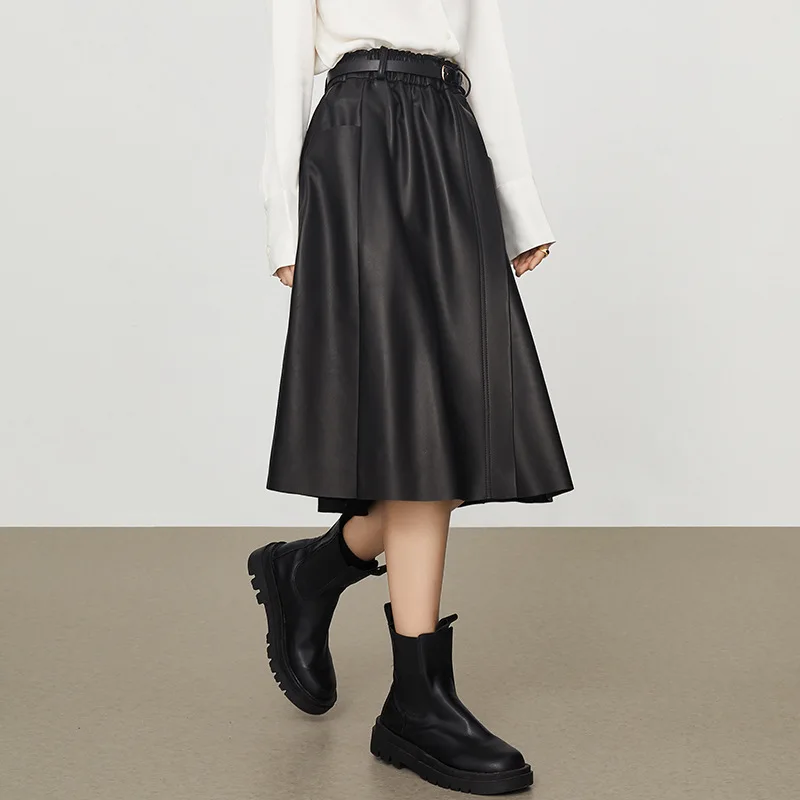 

First Layer Sheepskin Womem's 100% Genuine Leather Mid Length Skirt 2024 Chic Ladies Elastic Waist Pocket A-line Skirt With Belt