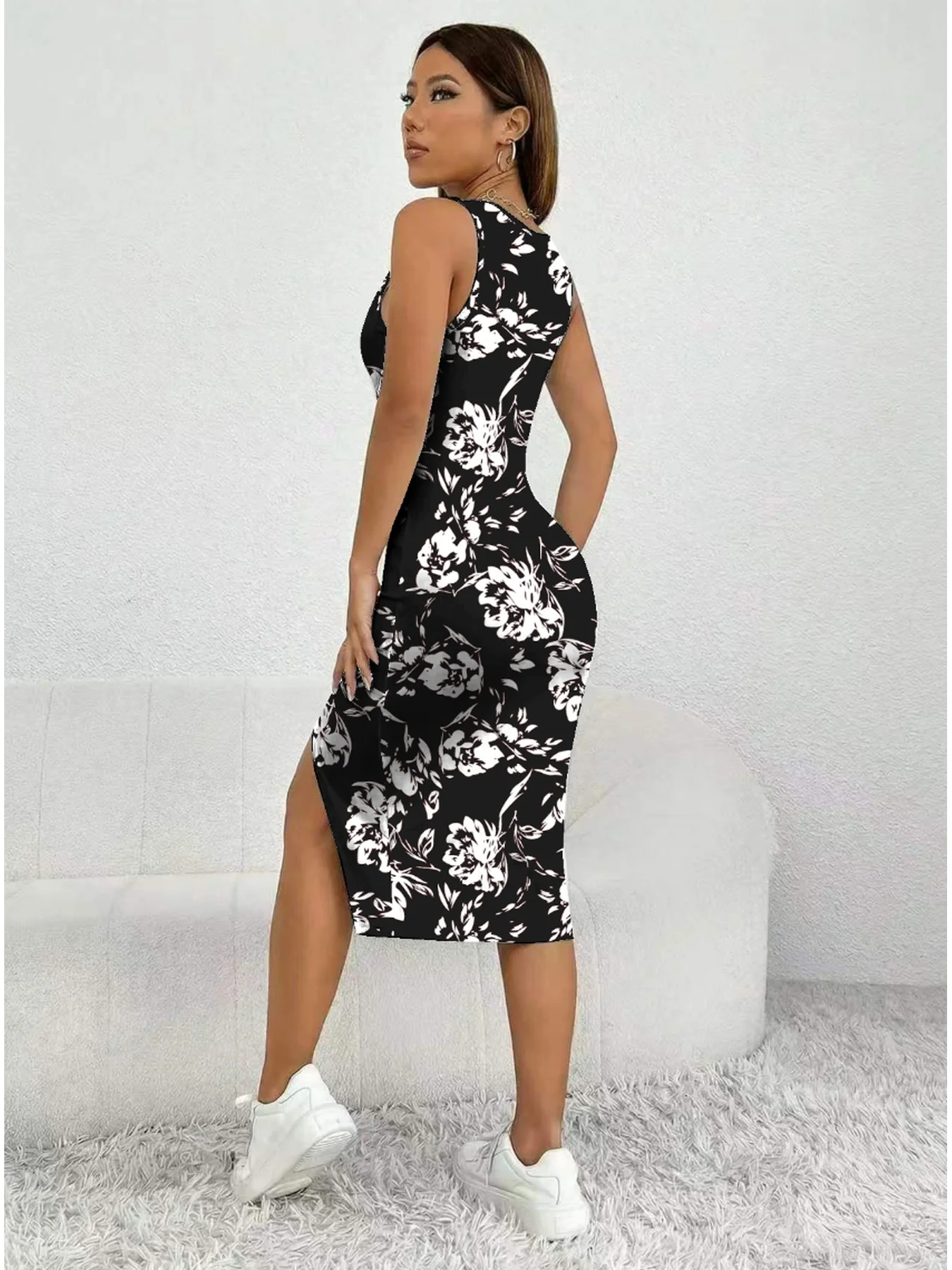 Women's Summer Casual Elegant Comfortable Square Neck Geometric Pattern Floral Pattern Slit Dress Mid Length Skirt