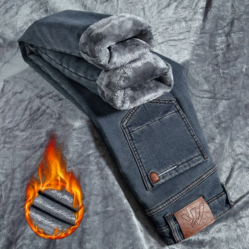 กางเกงยีนส์บุขนหนานุ่มสำหรับผู้ชาย ทรงตรง ยืดได้ เหมาะสำหรับฤดูหนาว สไตล์ลำลองธุรกิจ แบรนด์แฟชั่น