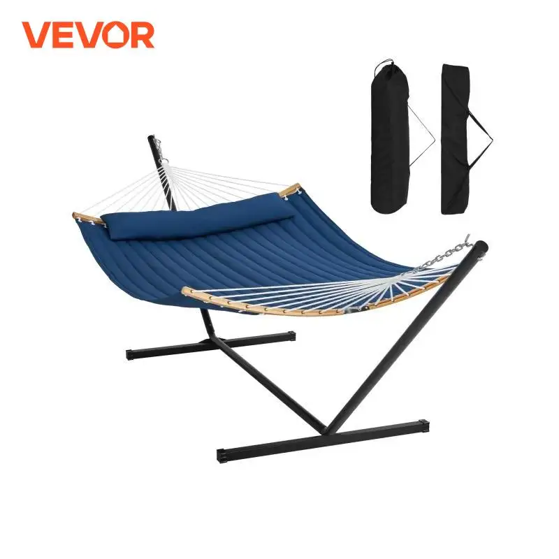 VEVOR Two Person Hammock with Stand Included Double Hammock with Curved Spreader Bar and Detachable Pillow and Portable Bag