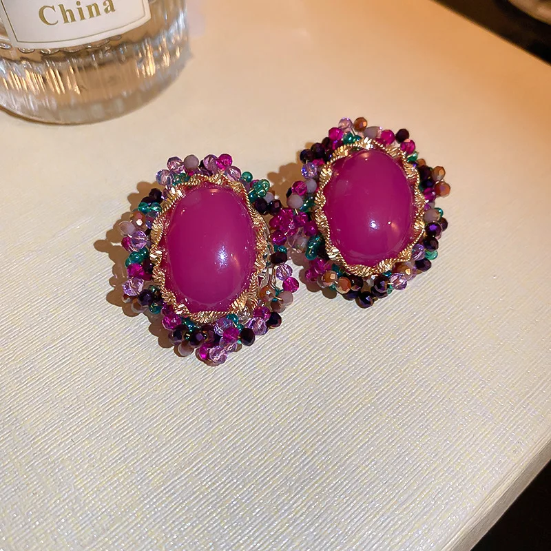 Crystal Oval Earrings for Women Fashion Retro Inlaid Rhinestone Stud Earrings High-grade Statement Jewelry Party Gift