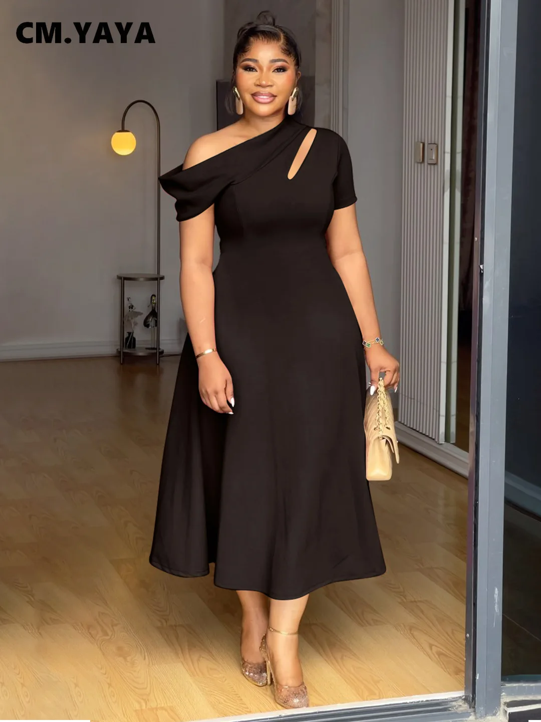 CM.YAYA حجم كبير بلوزات غير مغطية للكتف كبير سوينغ ألف خط قصيرة الأكمام ماكسي فستان طويل 2025 عيد ميلاد عطلة مثير فساتين الحفلات