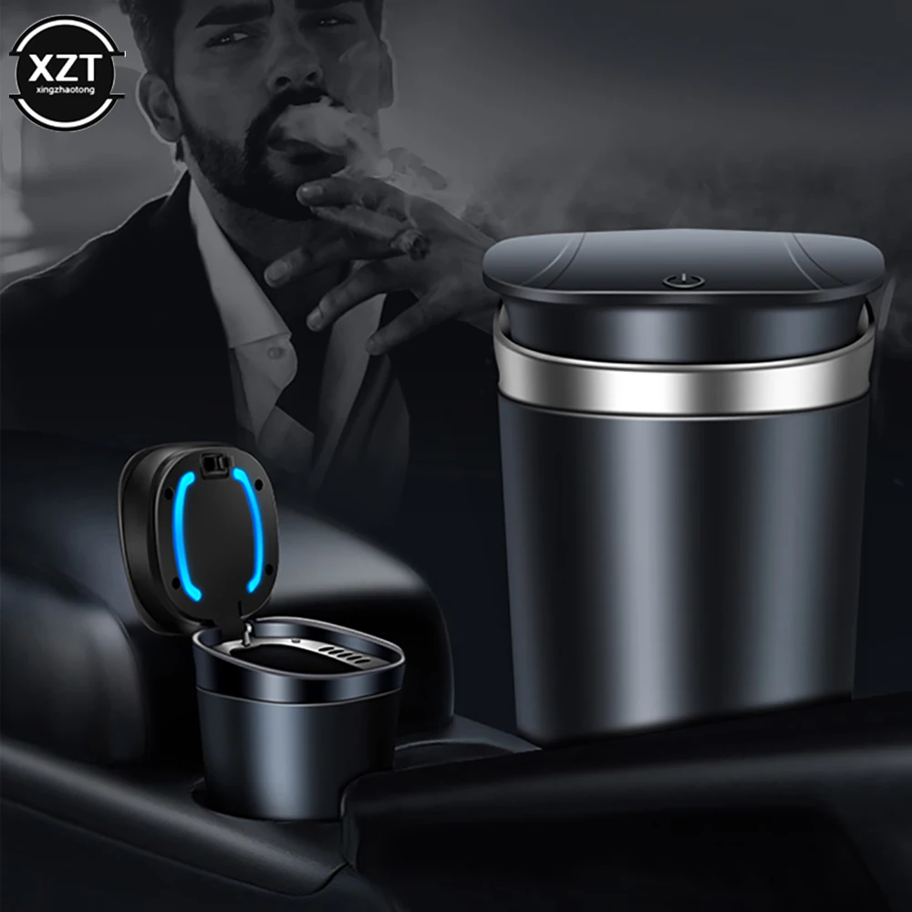 Car Ashtray Portable Automatic Multi-function One-button Open Lid Ashtray with LED Lights Metal Liner Auto Interiors Accessories