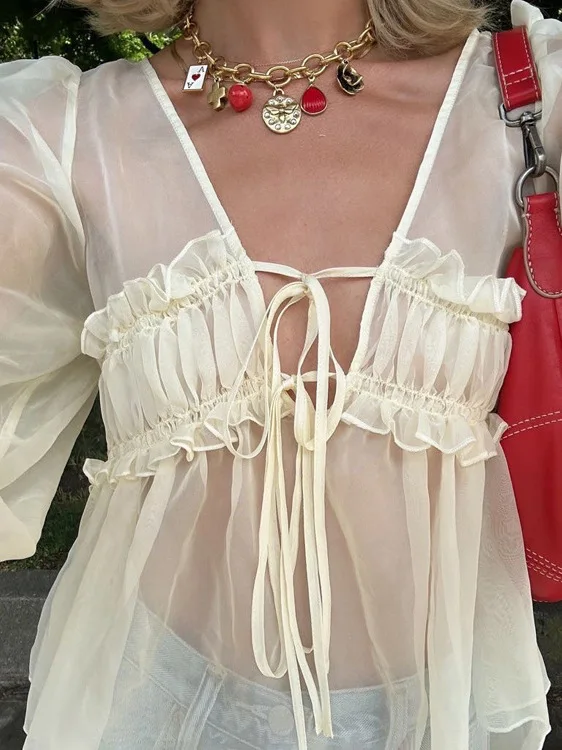 

Sexy See-tough Long Sve V-ne Women's Top with Belt Design Summer Faionable Translucent irt Chinese Production