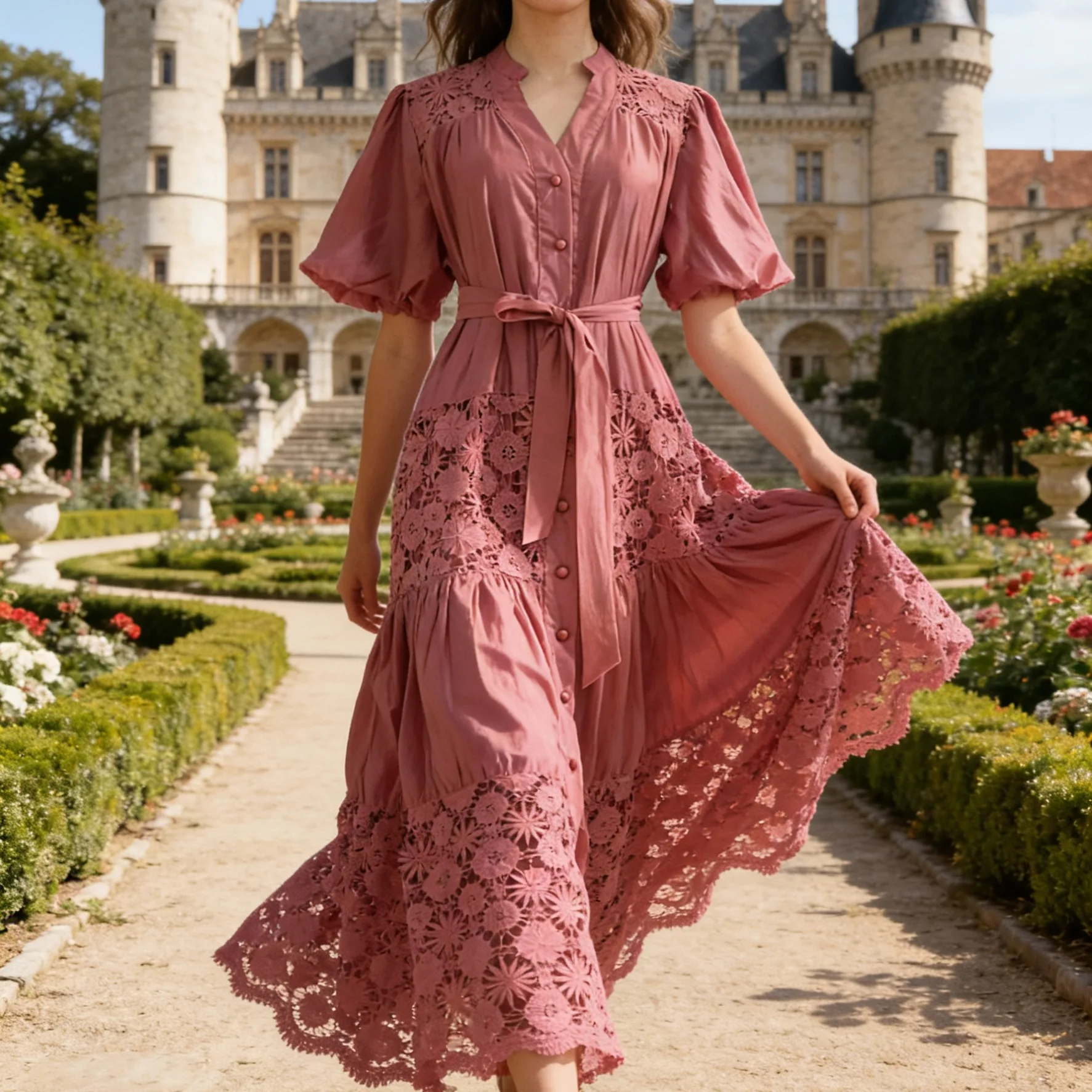 

Ele Pure Color Long Dr with Lace Hollow Flower Waist Cinching Belted Bubble Sve Textured Sensation Courard Sle ...