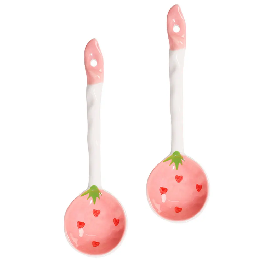

2Pcs Ceramic Soup Spoons Strawberry Pattern Long Handle Soup Serving Spoons Kitchen Dinner Utensils Spoon Dinner Spoon