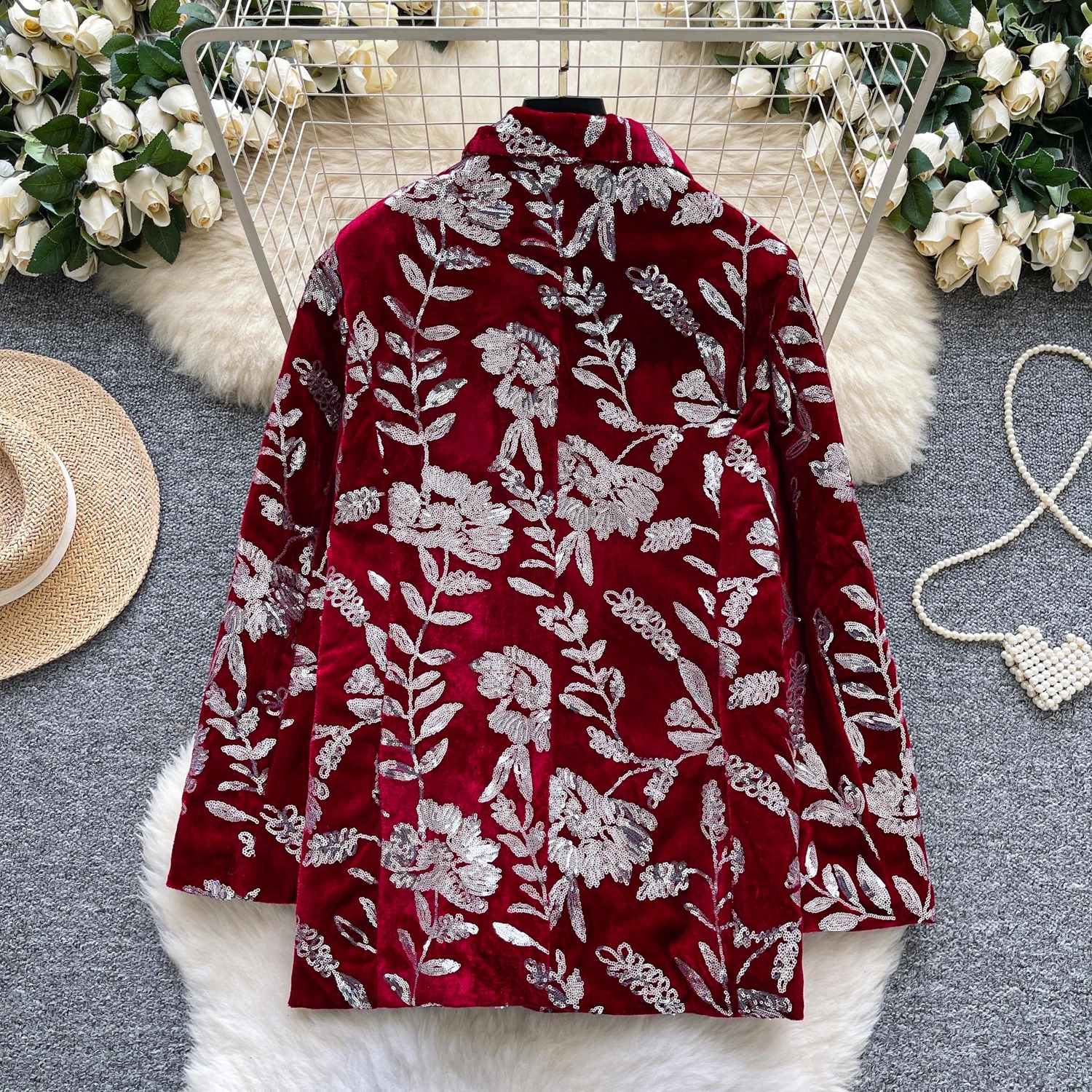 سترة نسائية كلاسيكية من Clothland مطرزة بالترتر وأكمام طويلة لامعة سترة نسائية مخملية CB221 #3