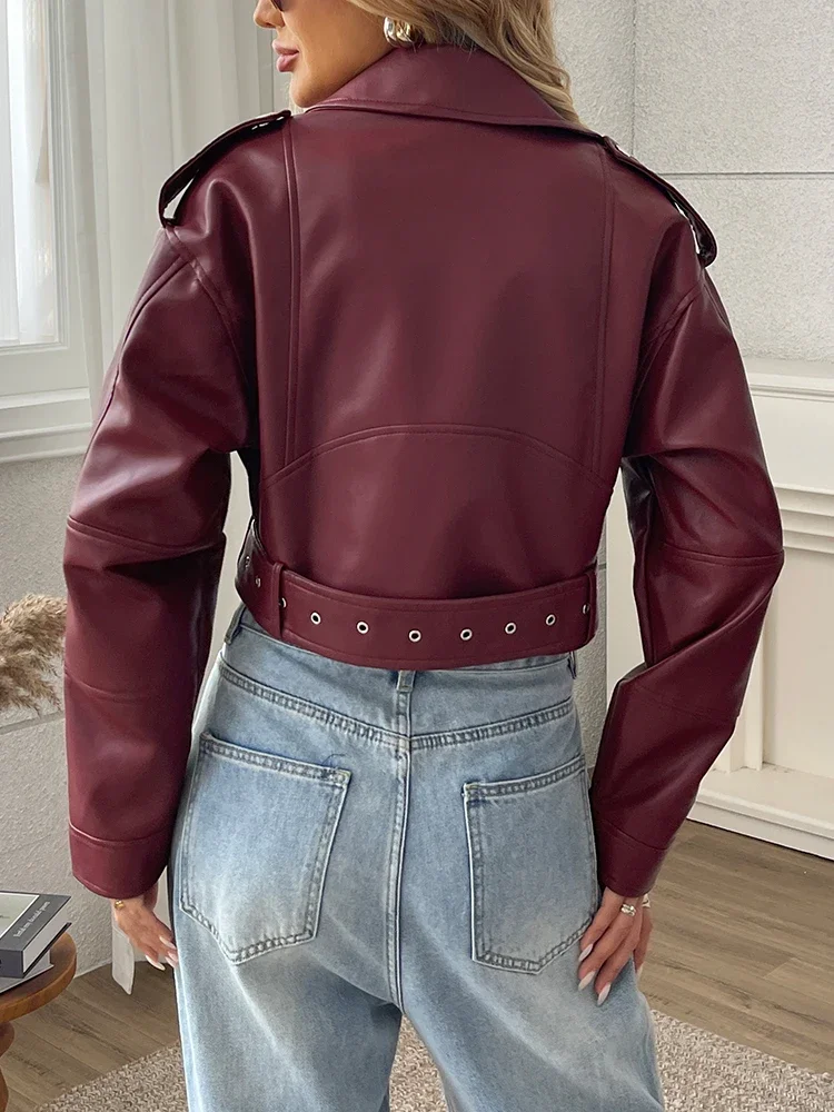 New Streetwear Women Loose Short Pu Faux Leather Jacket Moto Biker Female Belt Zipper Coat Outwear 2025