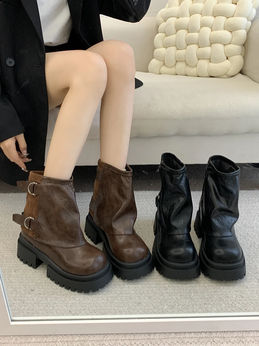 เลดี้รองเท้าฤดูหนาวรองเท้าผู้หญิงรอบ Toe รองเท้า-ผู้หญิง 2024 Lolita Black Rock ฤดูใบไม้ร่วงข้อเท้ารองเท้าสตรีฤดูใบไม้ร่วงรองเท้า-ผู้หญิง Fem