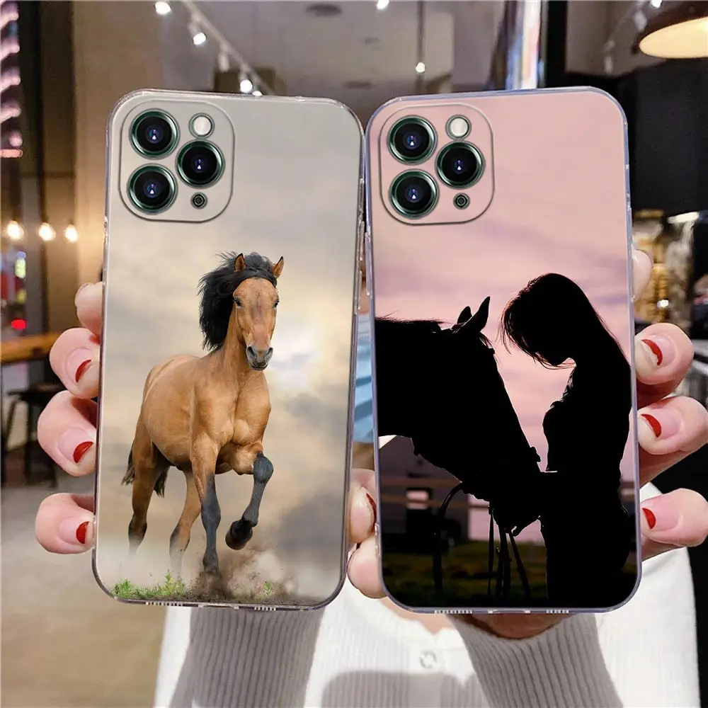 Animal Galloping Horse Girl Drawing Clear Phone Case For iPhone 15 13 11 12 14 Pro Max X XS 7 8 14 Plus Case Silicone Back Cover