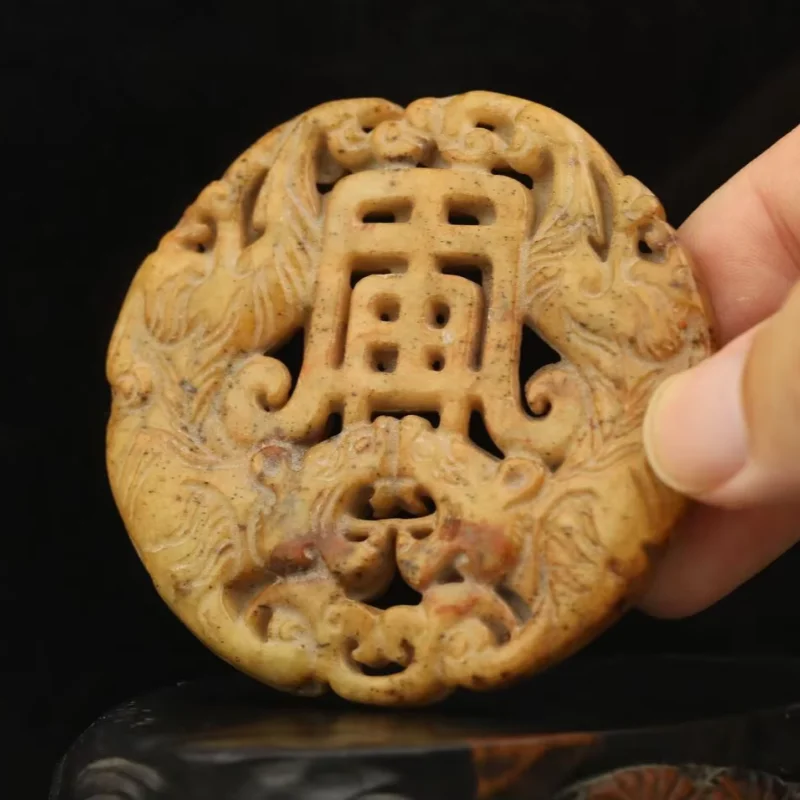 Old Natural Jade Hand-Carved Statue of Double Dragon Statue Nice Art Work Folk Collection of Retro Handicrafts