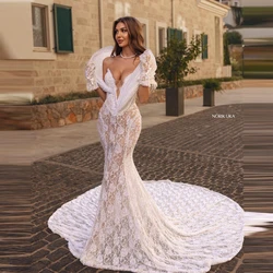 Robes de mariée en dentelle à fleurs oniriques, col en V profond, paillettes, patients sirène, quoi que ce soit avec train, voir à travers la dentelle, fête de mariage, quoi que ce soit