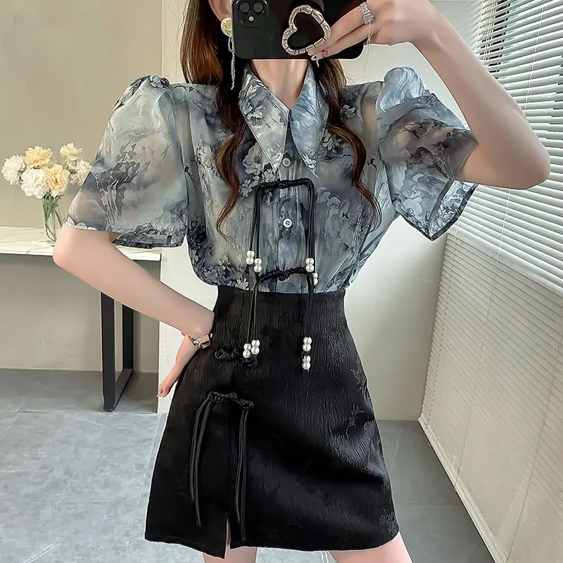 

2026 Chinese Style Blouse Short Sleeve Chiffon Shirt With Buttons Print Elegant Summer Top For Women